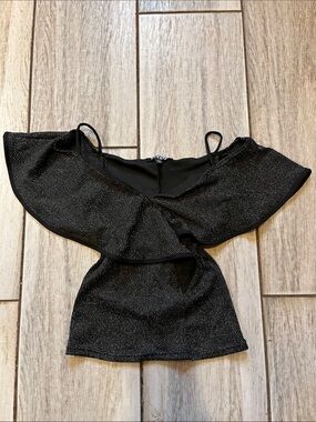 Forever 21 Black Shimmery Ruffle Off-Shoulder Crop Top